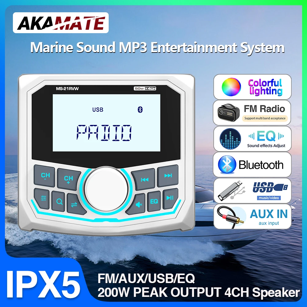 Boat Radio Square MP3 Player FM AM Bluetooth Waterproof Color Backlight for RV UTV ATV SPA RZR Universal Media Marine Player
Boat Radio Square MP3 Player FM AM Bluetooth Waterproof Color Backlight for RV UTV ATV SPA RZR Universal Media Marine Player