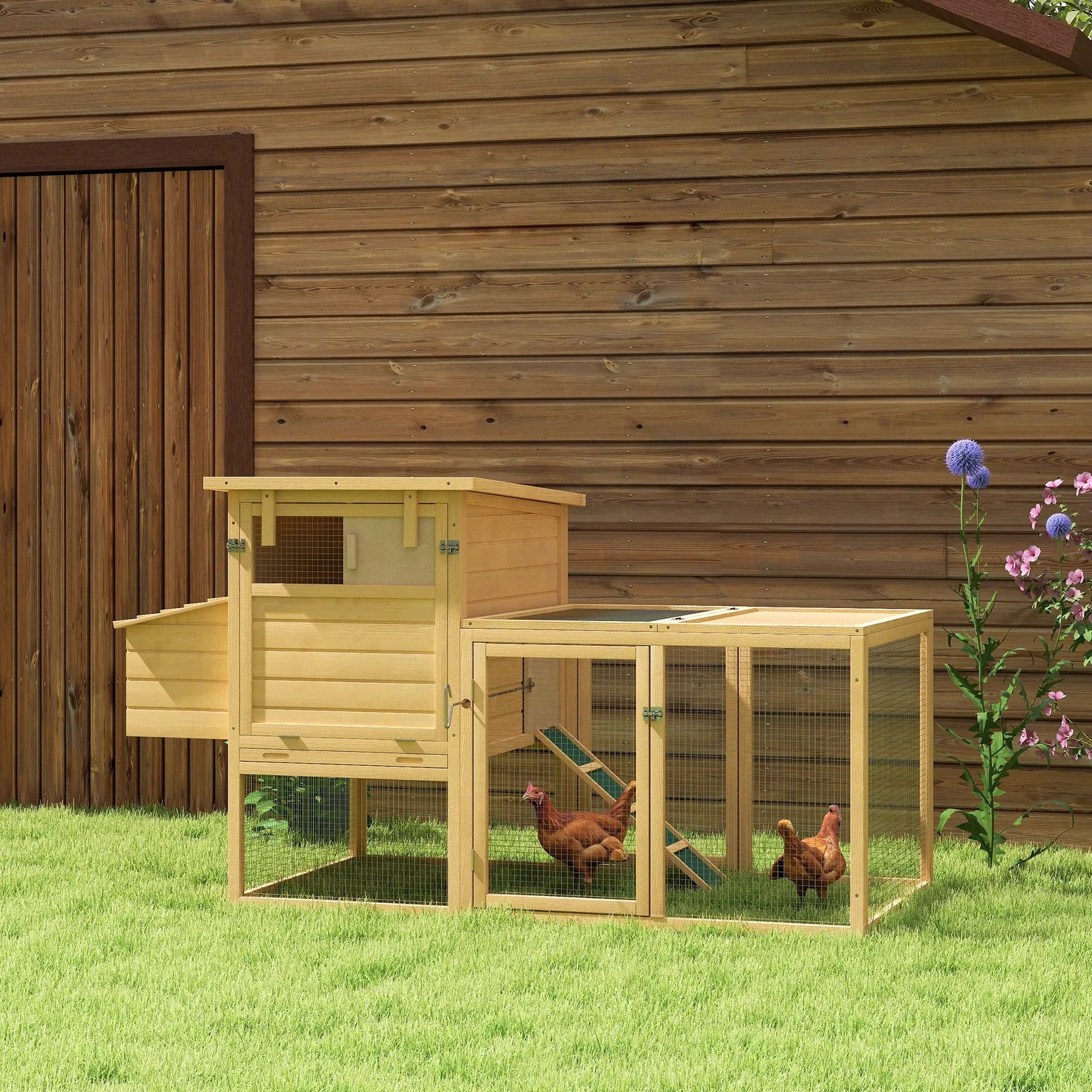 75" Wooden Chicken Coop with Nesting Box, Natural Wood
75" Wooden Chicken Coop with Nesting Box, Natural Wood