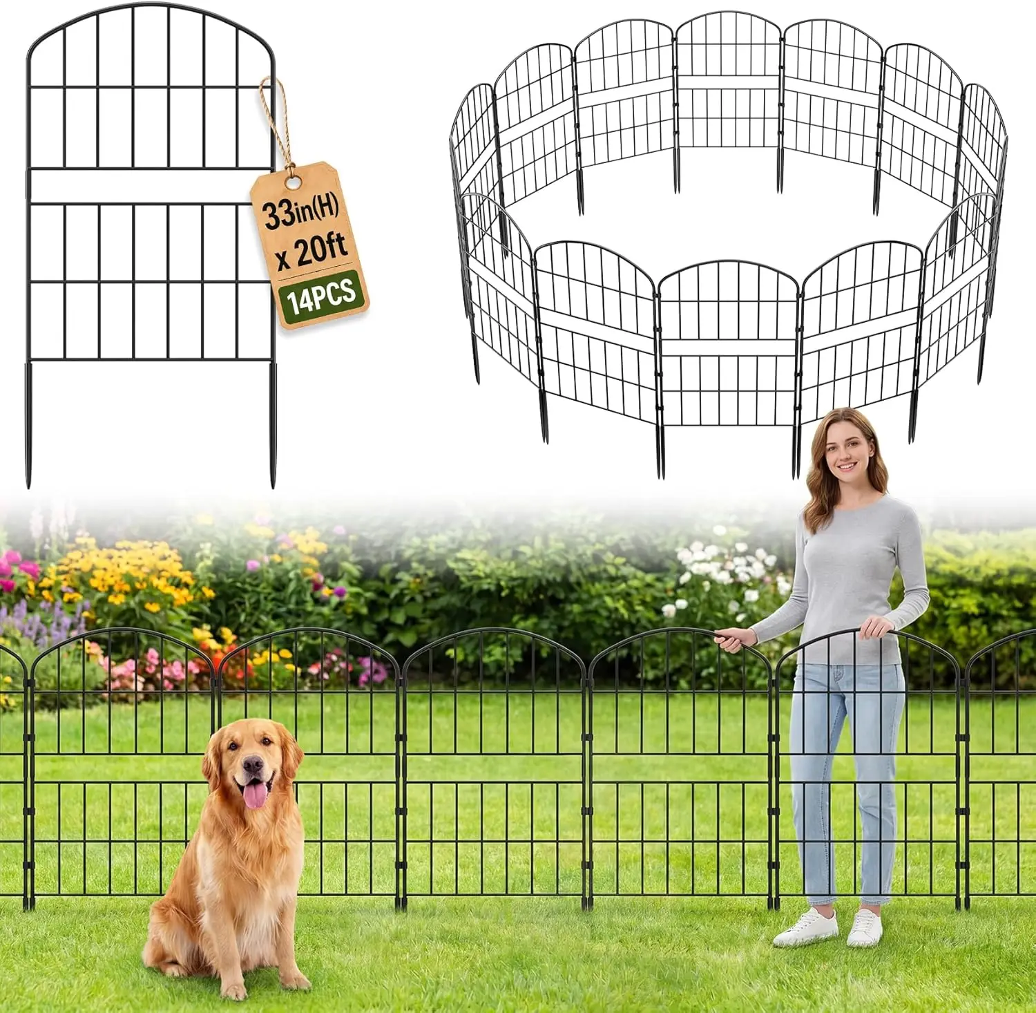 32.5in Tall Garden Fence, 20ft Long, 14 Pack - Rustproof Metal Wire Panel Border for Dog, Flower Bed, Yard, Patio
32.5in Tall Garden Fence, 20ft Long, 14 Pack - Rustproof Metal Wire Panel Border for Dog, Flower Bed, Yard, Patio