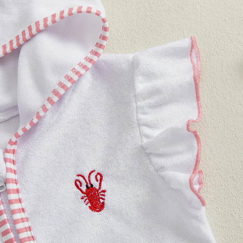Adorable Toddler Girl Beach Cover Up Set with Cute Lobster Embroidery Flying Sleeve Zipper Hood Top and Striped Shorts - 2
Adorable Toddler Girl Beach Cover Up Set with Cute Lobster Embroidery Flying Sleeve Zipper Hood Top and Striped Shorts - 2