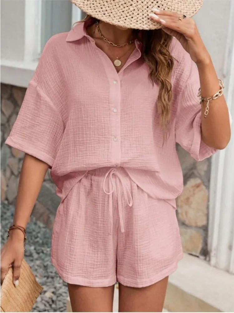 Fashion Solid Lapel Shirt Suits Casual Short Sleeve Tops + Lace-up Shorts Two Piece Sets 2025 Summer Women Button Loose Outfit
Fashion Solid Lapel Shirt Suits Casual Short Sleeve Tops + Lace-up Shorts Two Piece Sets 2025 Summer Women Button Loose Outfit