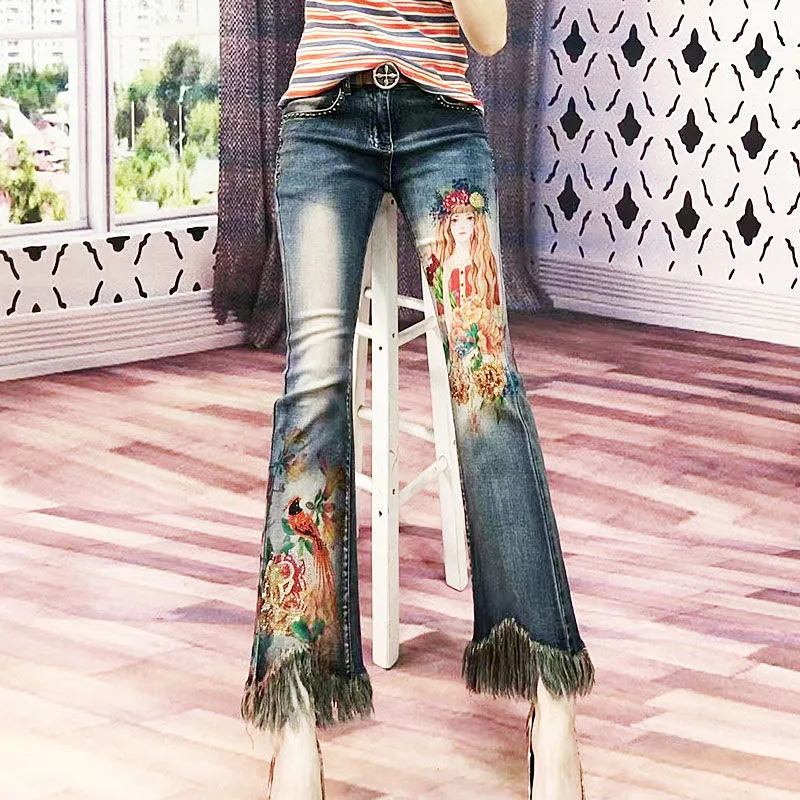 Fashion Denim Bell-Bottom Pants Women's Spring Autumn Print Hot Drilling Burr Distressed Slim-Fit Stretch Pants Women Jeans
Fashion Denim Bell-Bottom Pants Women's Spring Autumn Print Hot Drilling Burr Distressed Slim-Fit Stretch Pants Women Jeans