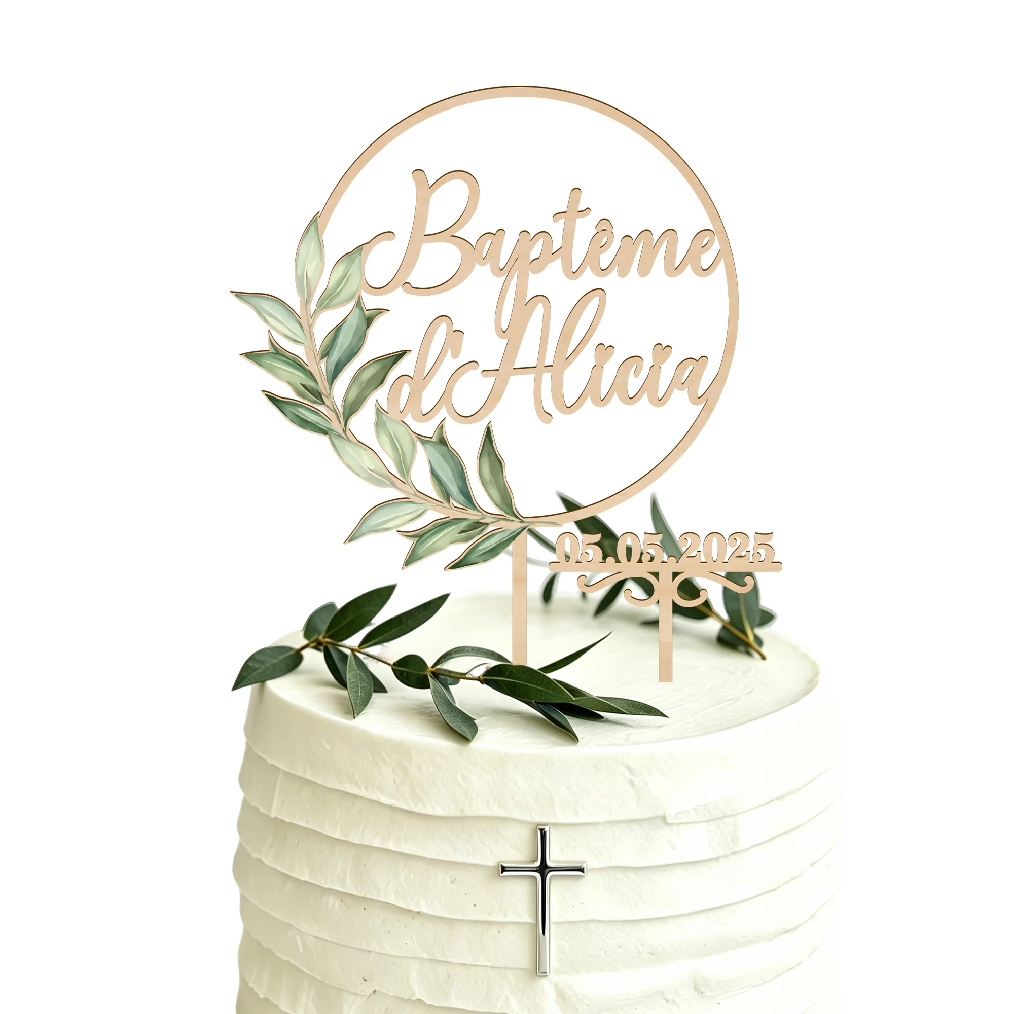 Personalized Baptism Cake Topper with Name and Date, Green Leaves Design, Wooden Decoration for Baptism, First Communion, and Confirmation Celebrations
Personalized Baptism Cake Topper with Name and Date, Green Leaves Design, Wooden Decoration for Baptism, First Communion, and Confirmation Celebrations
