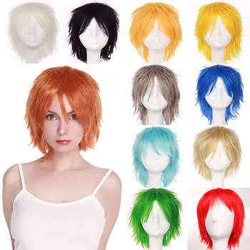 BENIHAIR 합성 가발, 코스프레 가발, 짧은 레이어 가발, 인조 헤어 익스텐션, 남성 여성 파티 가발, 화이트 레드 그린 블루 핑크 옐로우 헤어