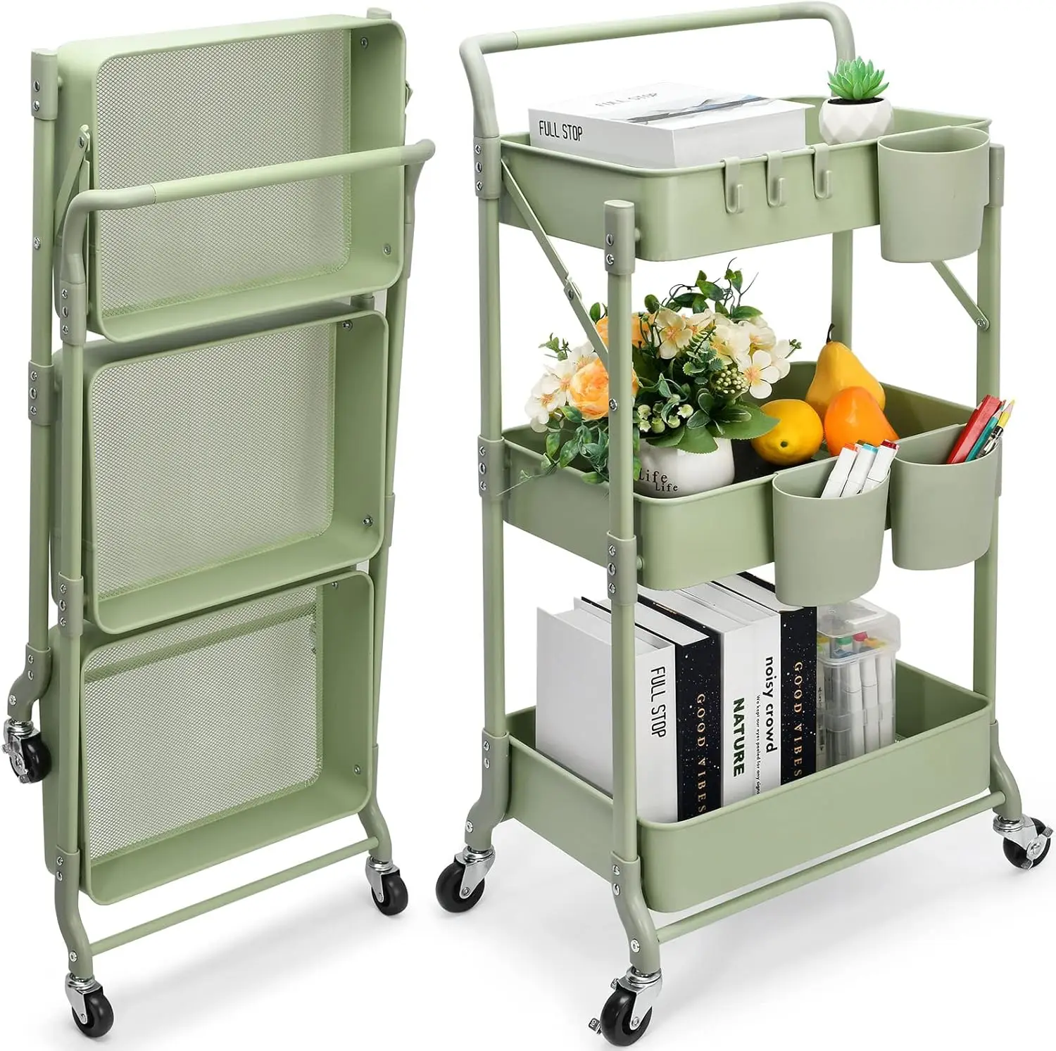 Foldable 3-Tier Rolling Cart with Mesh Baskets, Portable Storage Trolley for Home Office Use in Green
Foldable 3-Tier Rolling Cart with Mesh Baskets, Portable Storage Trolley for Home Office Use in Green
