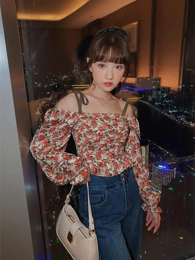 Women Chiffon Blouse for Retro Floral Sweet Bow Lace-up Slash Neck Sexy Elegant Shirt Women's Korean Style Casual Top Fall Lady
Women Chiffon Blouse for Retro Floral Sweet Bow Lace-up Slash Neck Sexy Elegant Shirt Women's Korean Style Casual Top Fall Lady