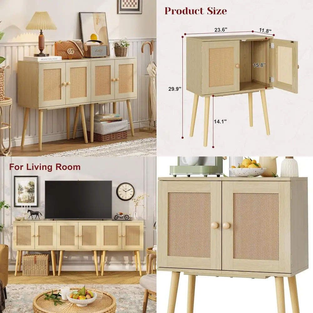 Rattan Door Sideboard Cabinet with Solid Wood Legs for Kitchen and Living Spaces
Rattan Door Sideboard Cabinet with Solid Wood Legs for Kitchen and Living Spaces