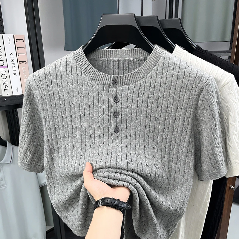 Men's Short Sleeved Pure Cotton Knitted Sweater 2026 New Summer Half Cuff Button Open Round Neck Pullover
Men's Short Sleeved Pure Cotton Knitted Sweater 2026 New Summer Half Cuff Button Open Round Neck Pullover