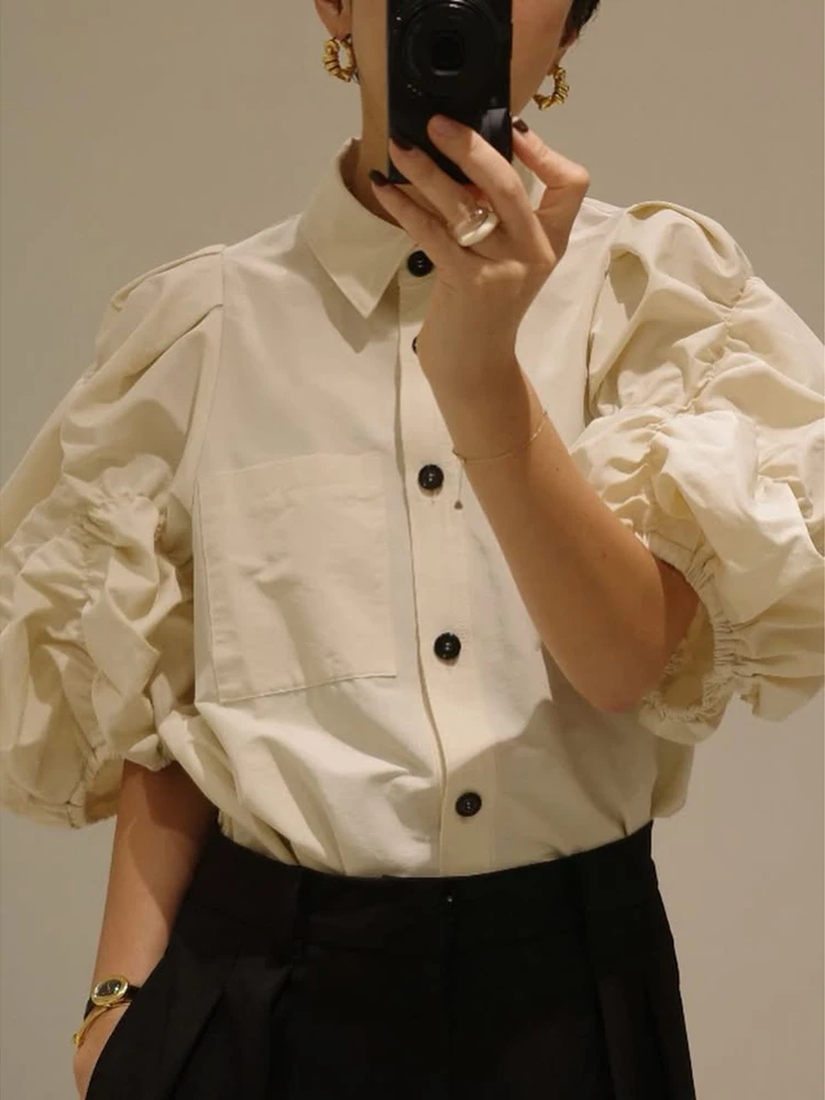 Retro Style Pleated 3D Bubble Sleeve Short Sleeve Shirt Women's Clothing Summer Design Casual Neck Patch Pocket Collar Top
Retro Style Pleated 3D Bubble Sleeve Short Sleeve Shirt Women's Clothing Summer Design Casual Neck Patch Pocket Collar Top