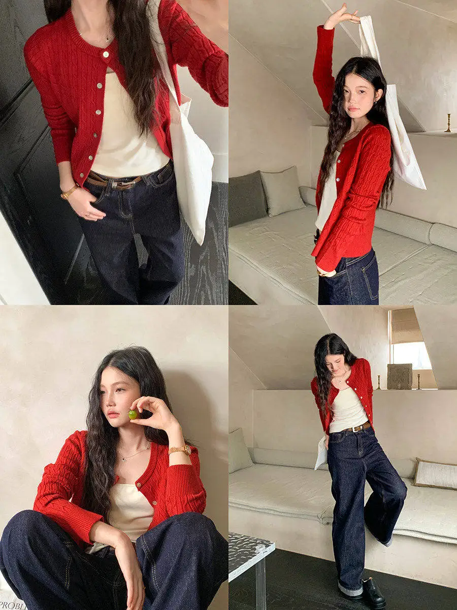 Red Twist Knitted Open Cardigan Casual Versatile Loose Fit Long Sleeve round Neck Warm Soft Daily Wear for Ladies by Linyunyun
Red Twist Knitted Open Cardigan Casual Versatile Loose Fit Long Sleeve round Neck Warm Soft Daily Wear for Ladies by Linyunyun