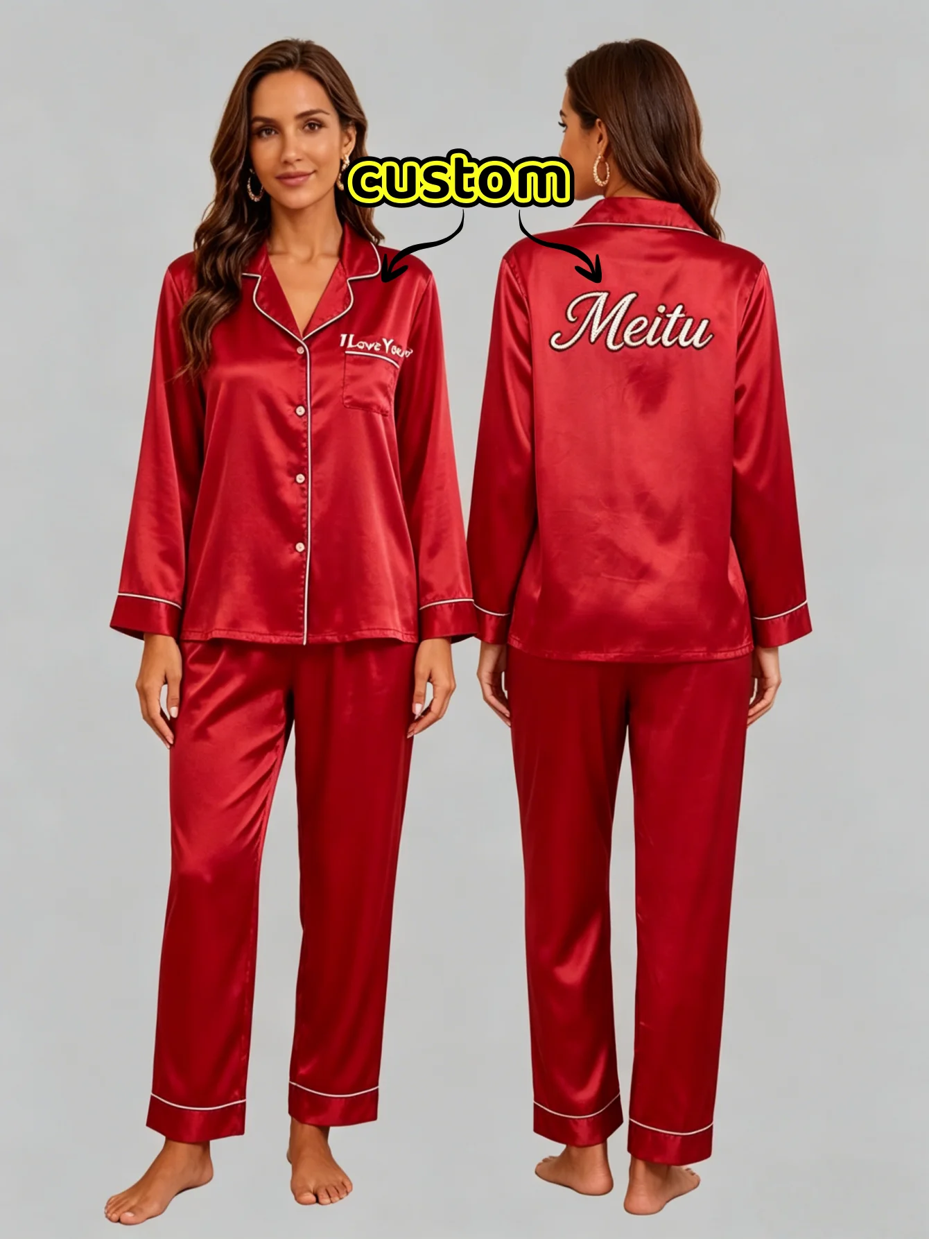 Custom Name Silk Pajama Set Embroidered Text Date Four Seasons Homewear Wedding Bride Pajamas Lover Friend Wife Anniversary Gift
Custom Name Silk Pajama Set Embroidered Text Date Four Seasons Homewear Wedding Bride Pajamas Lover Friend Wife Anniversary Gift