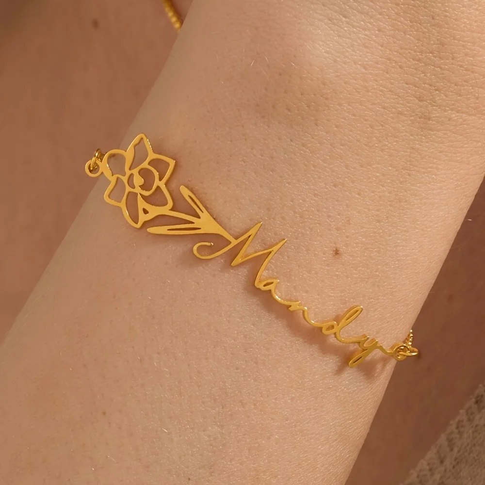 Personalized 18K Gold-Plated Stainless Steel Flower Bracelet Custom Name Charm Elegant Minimalist Jewelry Perfect Gift for Her
Personalized 18K Gold-Plated Stainless Steel Flower Bracelet Custom Name Charm Elegant Minimalist Jewelry Perfect Gift for Her