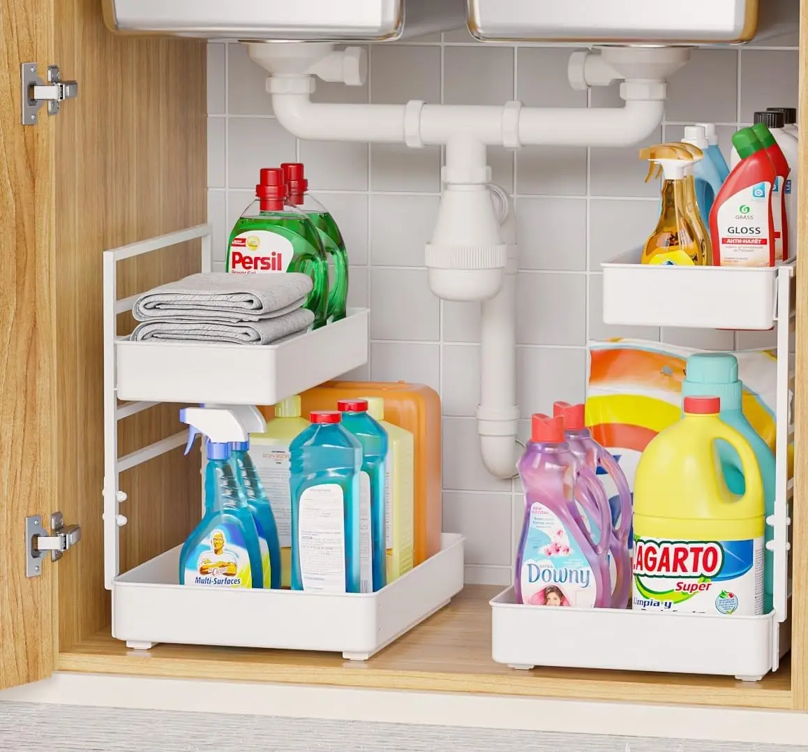 Adjustable 2-Tier Slide-Out Shelf Organizer for Under-Sink Cabinets in Kitchen or Bathroom, with Top Tray (White, 2 Sets)
Adjustable 2-Tier Slide-Out Shelf Organizer for Under-Sink Cabinets in Kitchen or Bathroom, with Top Tray (White, 2 Sets)