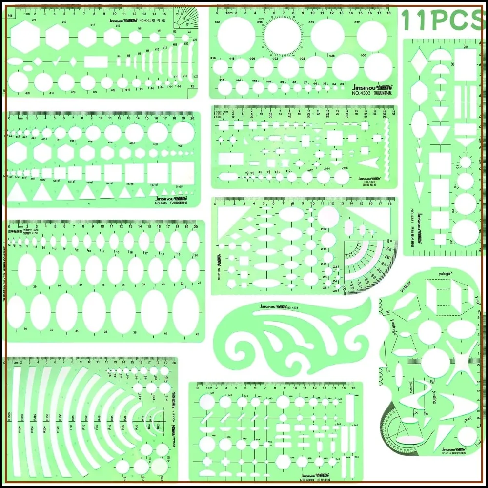 11PCS Geometric Drawings Templates, Drafting Stencils, Measuring Tools, Transparent Green Plastic Ruler for Architecture, Office, Studying, Designing
11PCS Geometric Drawings Templates, Drafting Stencils, Measuring Tools, Transparent Green Plastic Ruler for Architecture, Office, Studying, Designing
