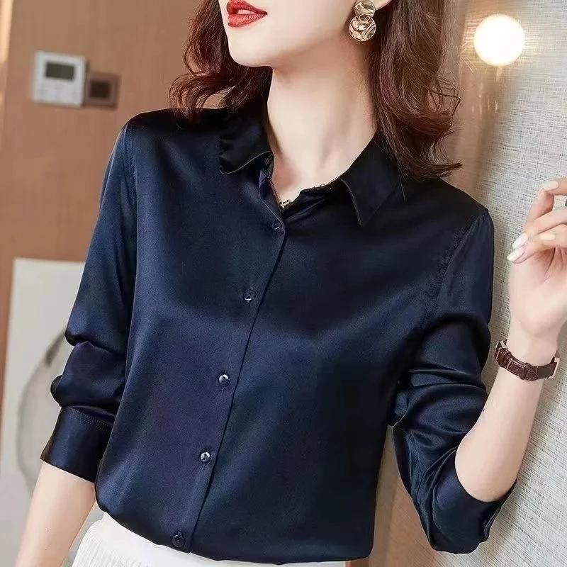 Ele Loose Women's Silk irt Spring Autumn New Sle Collar Simple Faion Upper Apparel High End Satin Material
Ele Loose Women's Silk irt Spring Autumn New Sle Collar Simple Faion Upper Apparel High End Satin Material