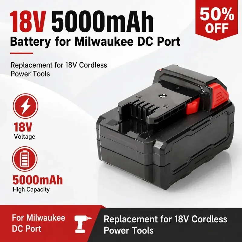 18V 5000mAh Replacement Lithium Battery Pack for Milwaukee 18V Cordless Power Tools DC Port
18V 5000mAh Replacement Lithium Battery Pack for Milwaukee 18V Cordless Power Tools DC Port
