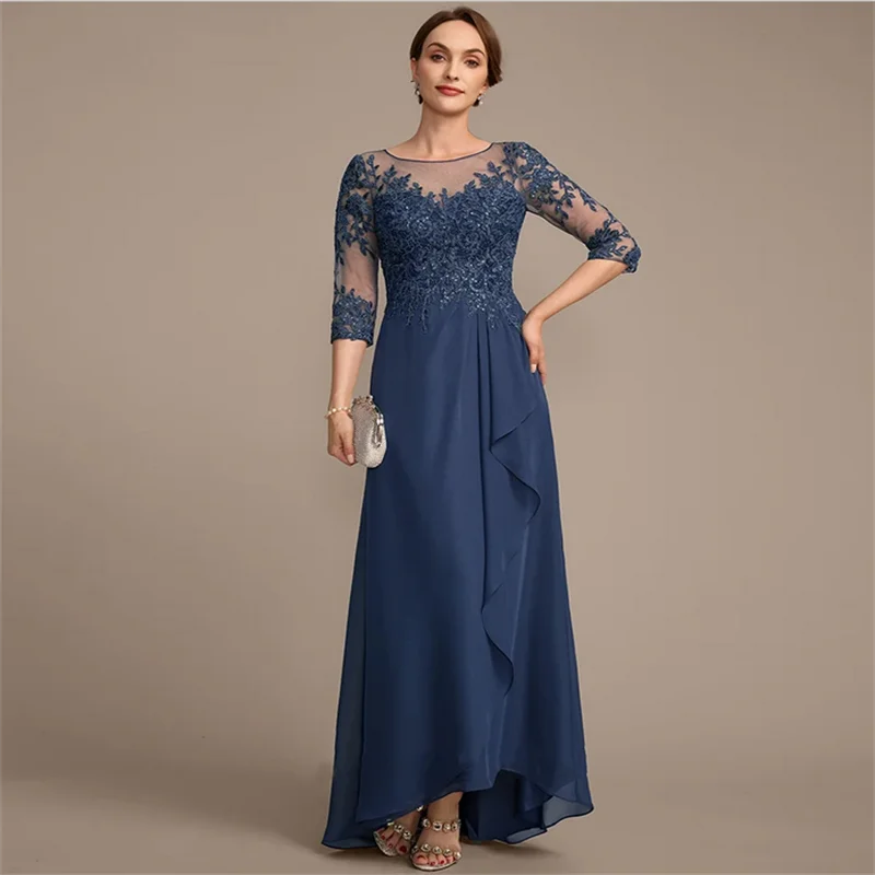 Ink Blue Chiffon Mother of The Bride Dress 3/4 Sleeves Scoop Neck Sequined Applique Ruffles Wedding Guest Gown Woman Party Dress
Ink Blue Chiffon Mother of The Bride Dress 3/4 Sleeves Scoop Neck Sequined Applique Ruffles Wedding Guest Gown Woman Party Dress