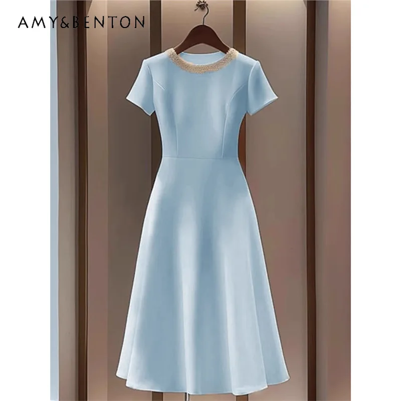 French Light Luxury Women's Short-sleeved Dress 2025 Spring Summer Light Blue Fresh Temperament Slim Thin Sweet Dresses Ladies
French Light Luxury Women's Short-sleeved Dress 2025 Spring Summer Light Blue Fresh Temperament Slim Thin Sweet Dresses Ladies