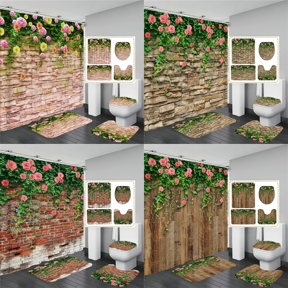 180*180cm Rustic style Stone Wall Plant Flowers Fabric Shower Curtains Bath Mat Rugs Flower Bathroom Curtain Set Home Decoration 
180*180cm Rustic style Stone Wall Plant Flowers Fabric Shower Curtains Bath Mat Rugs Flower Bathroom Curtain Set Home Decoration