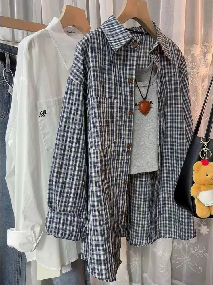 Casual Plaid Long Sve irt ex Spring Autumn Lazy Sle Loose Fit Sun Protection Outerwear Turn-down Collar Fem Model
Casual Plaid Long Sve irt ex Spring Autumn Lazy Sle Loose Fit Sun Protection Outerwear Turn-down Collar Fem Model