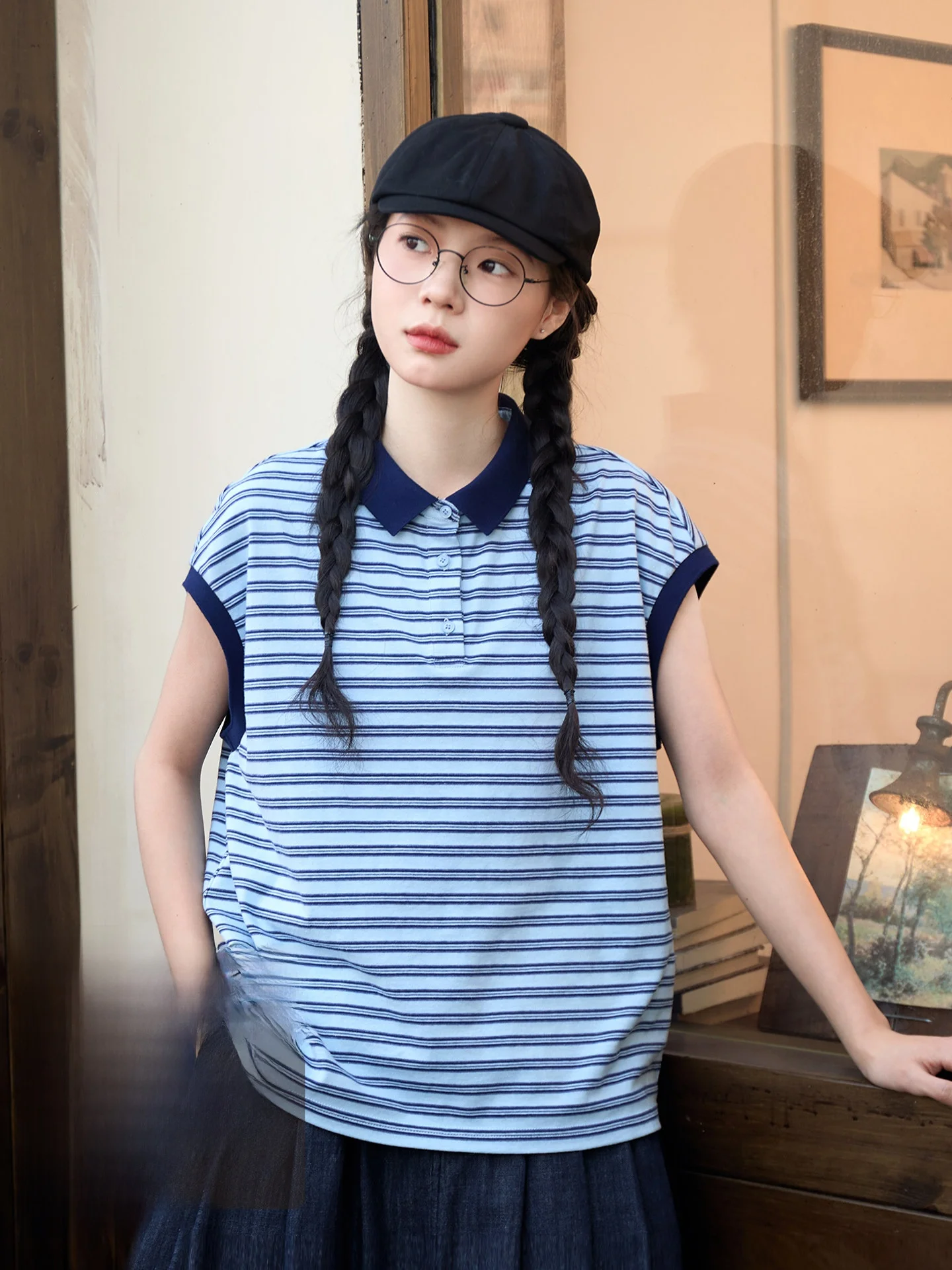 Loose Shoulder Covering Sleeve Neck Striped T-Shirt Women Summer Casual Style Cotton Blend Breathable Comfortable Top
Loose Shoulder Covering Sleeve Neck Striped T-Shirt Women Summer Casual Style Cotton Blend Breathable Comfortable Top