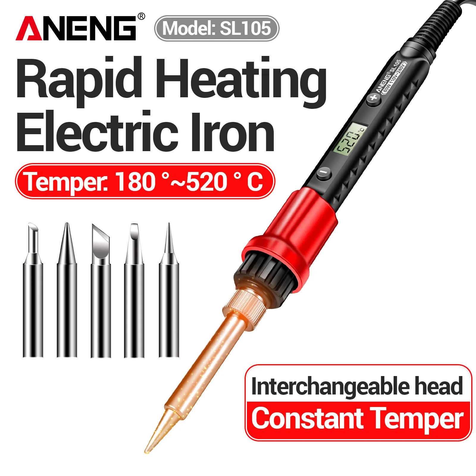 ANENG SL105 digital adjustable temperature soldering iron 11 piece set 60W high-power 180-520℃ constant temperature welding tool
ANENG SL105 digital adjustable temperature soldering iron 11 piece set 60W high-power 180-520℃ constant temperature welding tool