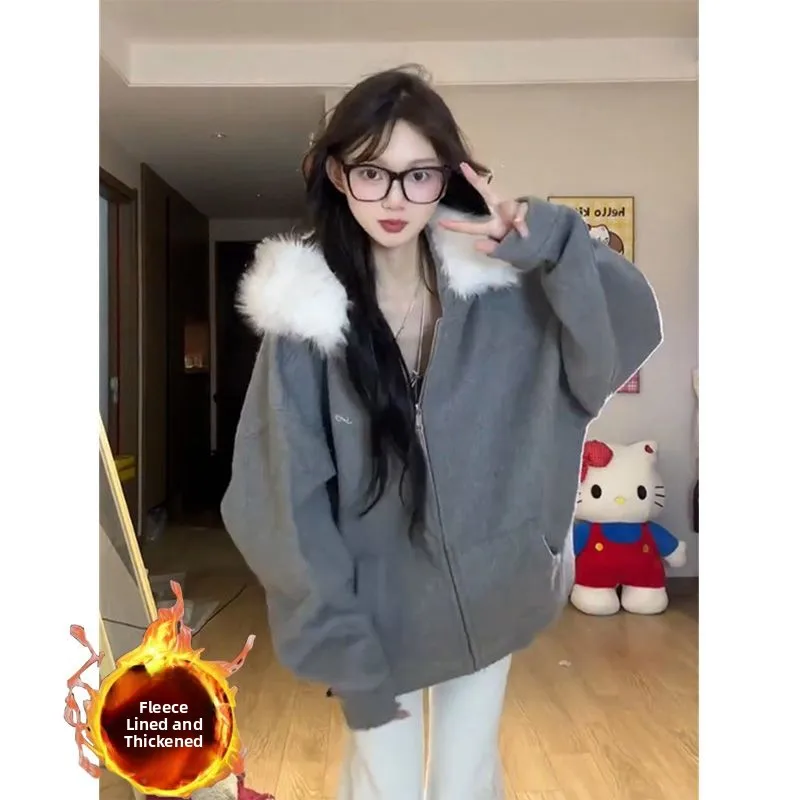 Ele ey Hooded Open Cardigan Sweatirt Women's Autumn Winter Thiened Fce Loose Oversize Versatile Outerwear
Ele ey Hooded Open Cardigan Sweatirt Women's Autumn Winter Thiened Fce Loose Oversize Versatile Outerwear