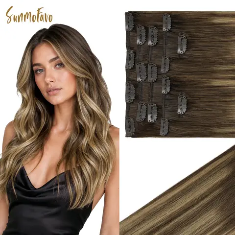 Sunmofavo 100% Remy Human Hair Clip In Hair Extensions Balayage Caramel Blonde 7Pcs 120G, Soft Silky Real Human Hair, Perfect Match Balayage Hairstyle, Easy Install Removable, Instant Full Thick Volume, Ideal for Daily Look Dating Party Wedding Hairstyle
