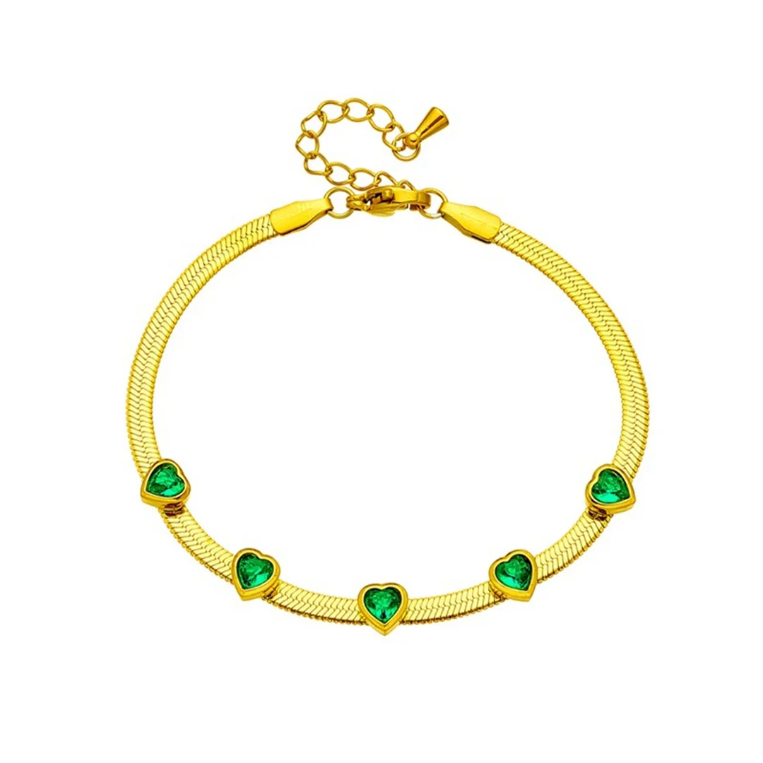 Cute Zirconia Green Heart Charm Bracelet Female Gold Color Stainless Steel Flat Snake Hand Chain Link Bracelet for Woman Jewelry
Cute Zirconia Green Heart Charm Bracelet Female Gold Color Stainless Steel Flat Snake Hand Chain Link Bracelet for Woman Jewelry