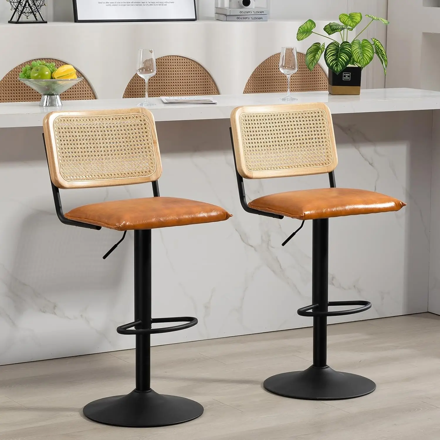 Modern Rattan Bar Stools Set of 2 - Natural Woven Design, Swivel Seat, Footrest, and Cane Backrest, Height Adjustable Bar Cha
Modern Rattan Bar Stools Set of 2 - Natural Woven Design, Swivel Seat, Footrest, and Cane Backrest, Height Adjustable Bar Cha