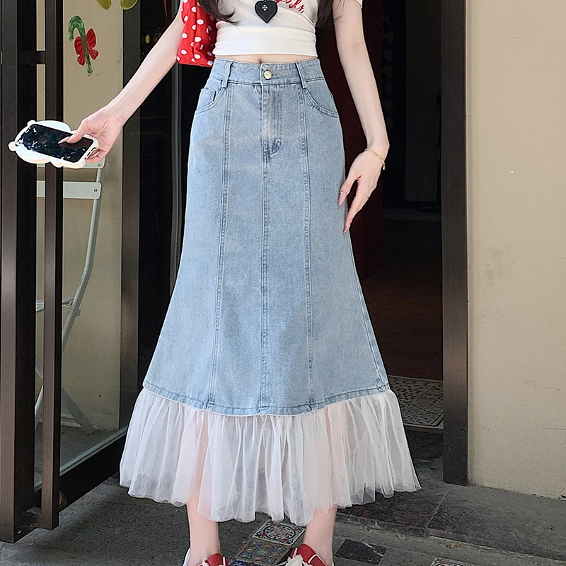 Vintage Mesh Patch Denim Skirts Women Fashion Y2K High Waist Loose Casual Pocket Midi Skirt Streetwear 2025 New
Vintage Mesh Patch Denim Skirts Women Fashion Y2K High Waist Loose Casual Pocket Midi Skirt Streetwear 2025 New