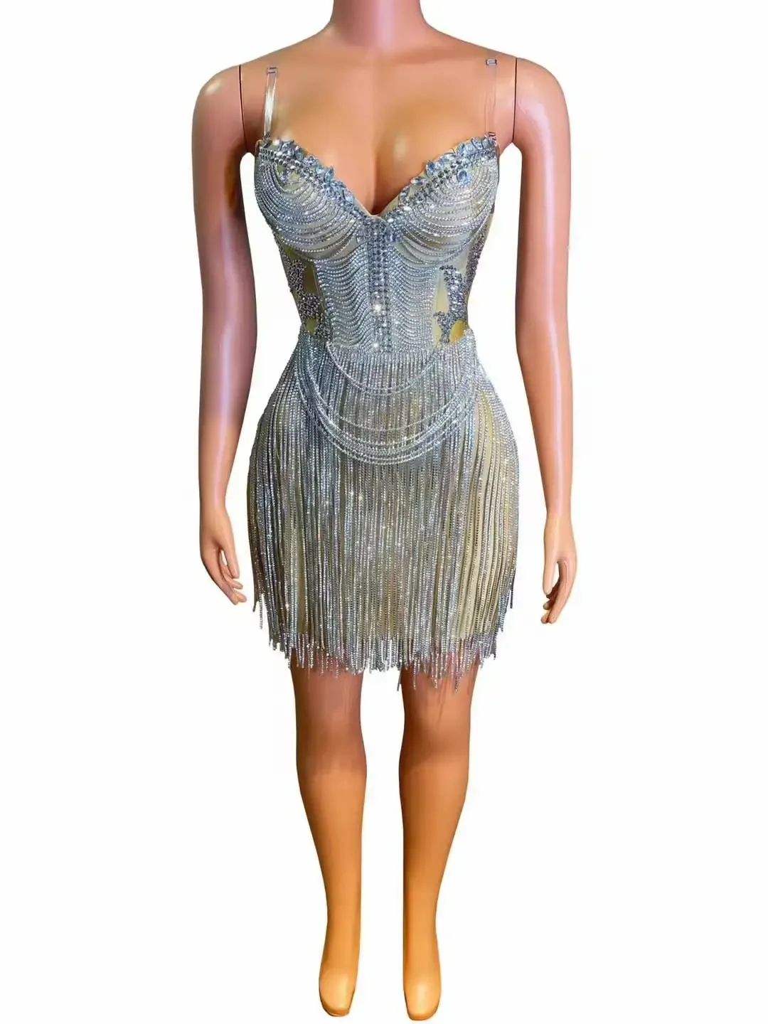 Women Drill Chain Rhinestone Knee Length Dress Birthday Stage Wear Night Fringe Outfit
Women Drill Chain Rhinestone Knee Length Dress Birthday Stage Wear Night Fringe Outfit