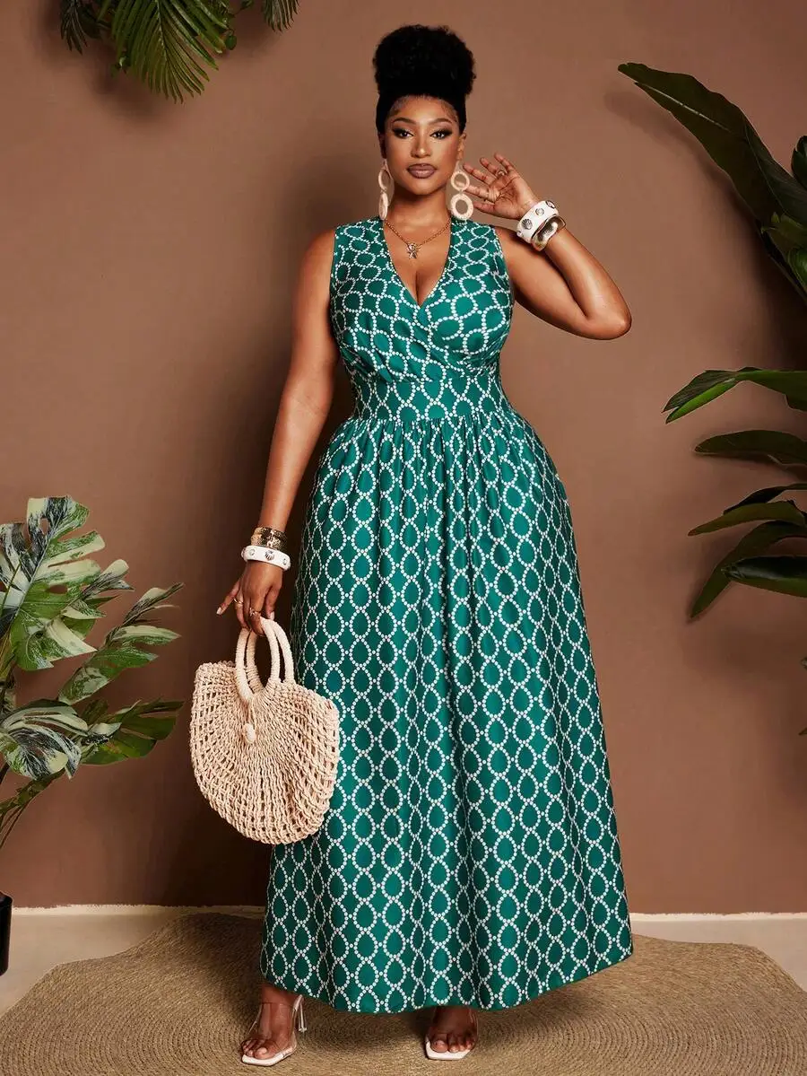 Plus Size Women V-Neck Sleeveless Green Geometric Print Maxi Dress For Summer Beach Vacation
Plus Size Women V-Neck Sleeveless Green Geometric Print Maxi Dress For Summer Beach Vacation