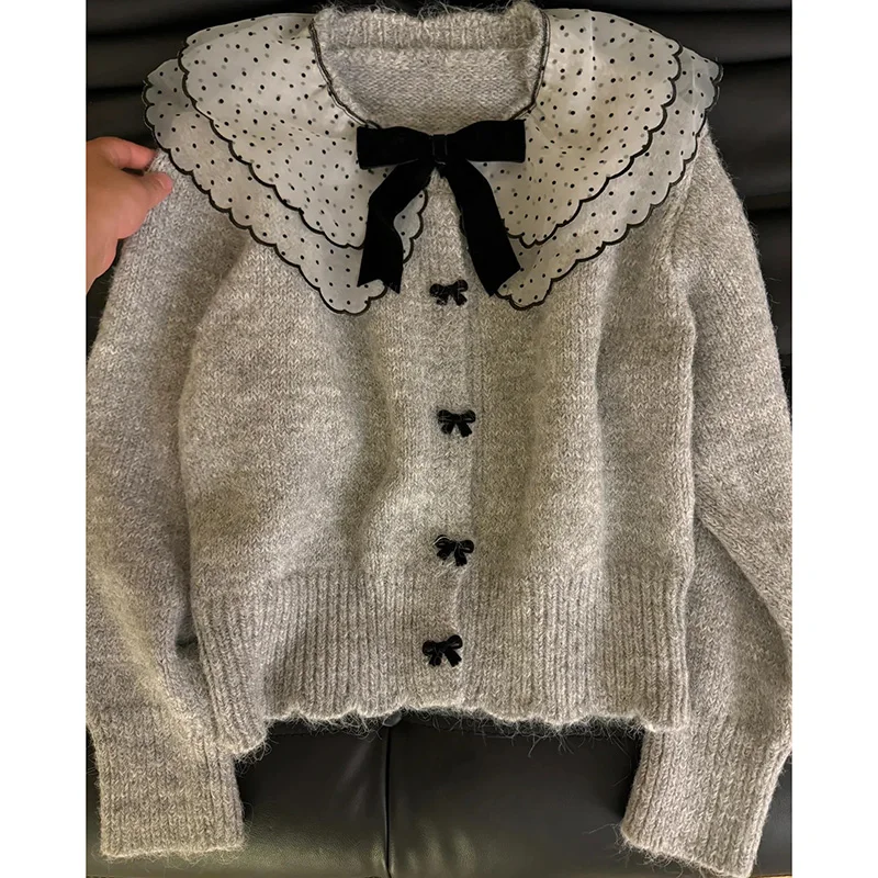 Gray Bow Sweater Women Pretty Style Peter Pan Collar Sweet Knitted Cardigan Korean 3D Loose Lazy Spring Fall Female Blouse
Gray Bow Sweater Women Pretty Style Peter Pan Collar Sweet Knitted Cardigan Korean 3D Loose Lazy Spring Fall Female Blouse