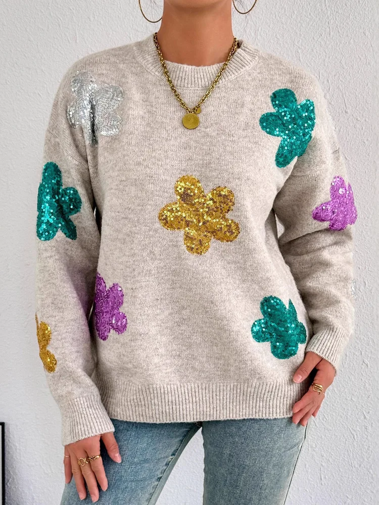 Новинка 2023 года, осенне-зимний вязаный свитер с цветочными пайетками, женские модные пуловеры с длинными рукавами и круглым вырезом 
Новинка 2023 года, осенне-зимний вязаный свитер с цветочными пайетками, женские модные пуловеры с длинными рукавами и круглым вырезом