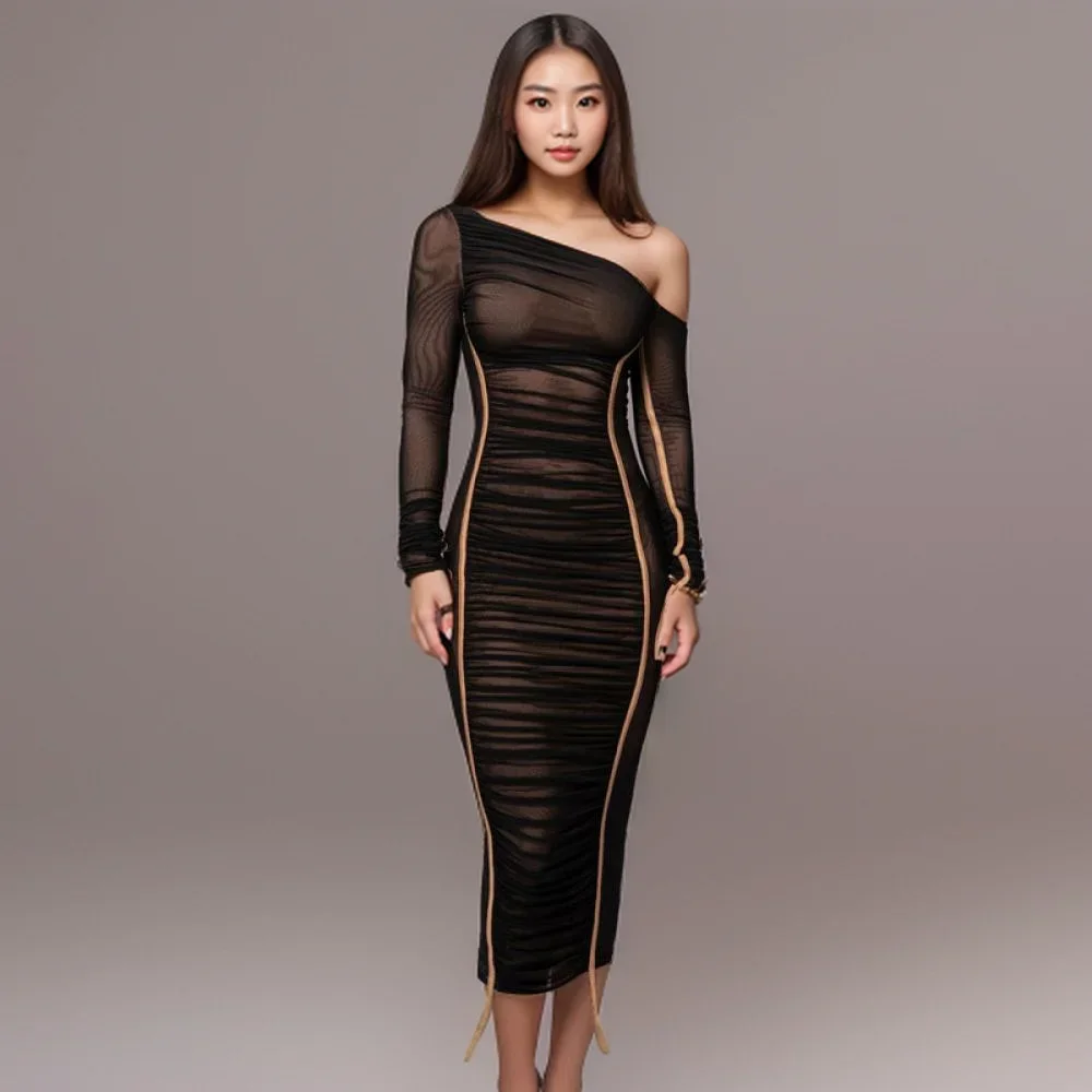 Womens Striped Mesh Ruched Dress Fashion Contrast Mesh One Shoulder Long Sleeve Dress Sexy See Through Cocktail Long Robes
Womens Striped Mesh Ruched Dress Fashion Contrast Mesh One Shoulder Long Sleeve Dress Sexy See Through Cocktail Long Robes