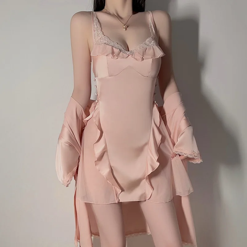 Women's Sleepwear Sexy Lace 2PCS Robe Ruffles Applique Nightgown Set Summer Ice Silk Nightwear Homewear Loose Loungewear
Women's Sleepwear Sexy Lace 2PCS Robe Ruffles Applique Nightgown Set Summer Ice Silk Nightwear Homewear Loose Loungewear