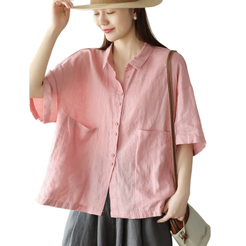New Retro Hemp Lapel Shirt Women's Big Pocket Medium Sleeve Shirt Versatiles Cardigan Top Beautiful Temperament Elegant and Cute 
New Retro Hemp Lapel Shirt Women's Big Pocket Medium Sleeve Shirt Versatiles Cardigan Top Beautiful Temperament Elegant and Cute