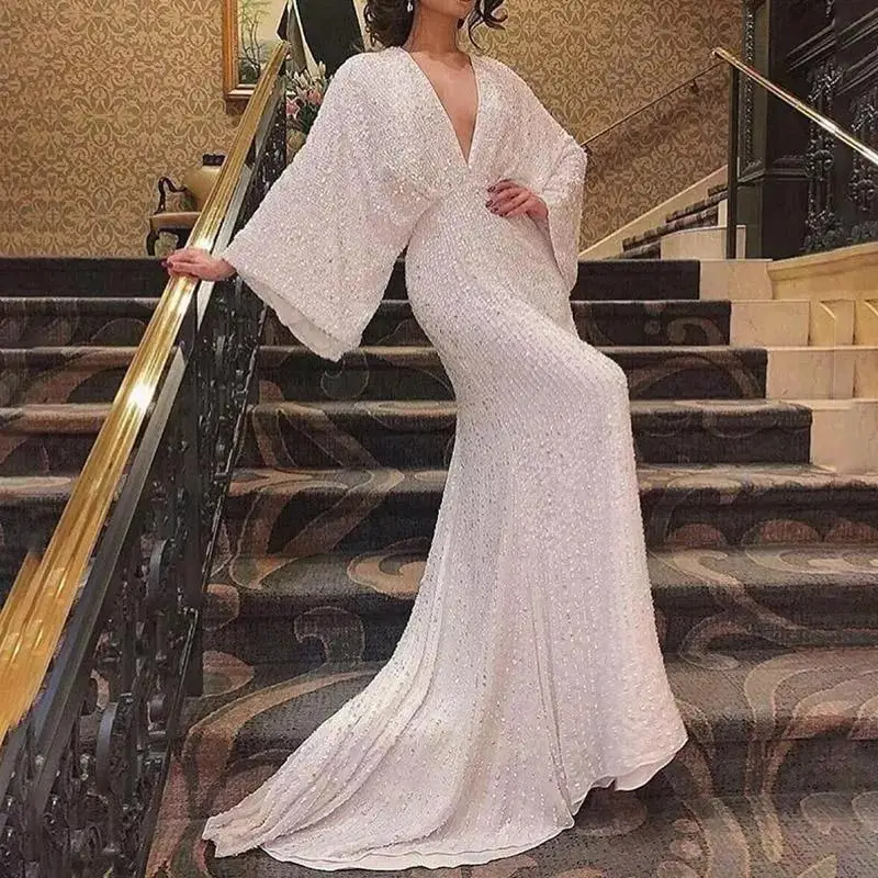 Glamorous Long Sleeve V-Neck Sequin Gown Elegant Fish Tail Evening Dress Floor-Length Cross-Border Midi Dress for Women
Glamorous Long Sleeve V-Neck Sequin Gown Elegant Fish Tail Evening Dress Floor-Length Cross-Border Midi Dress for Women