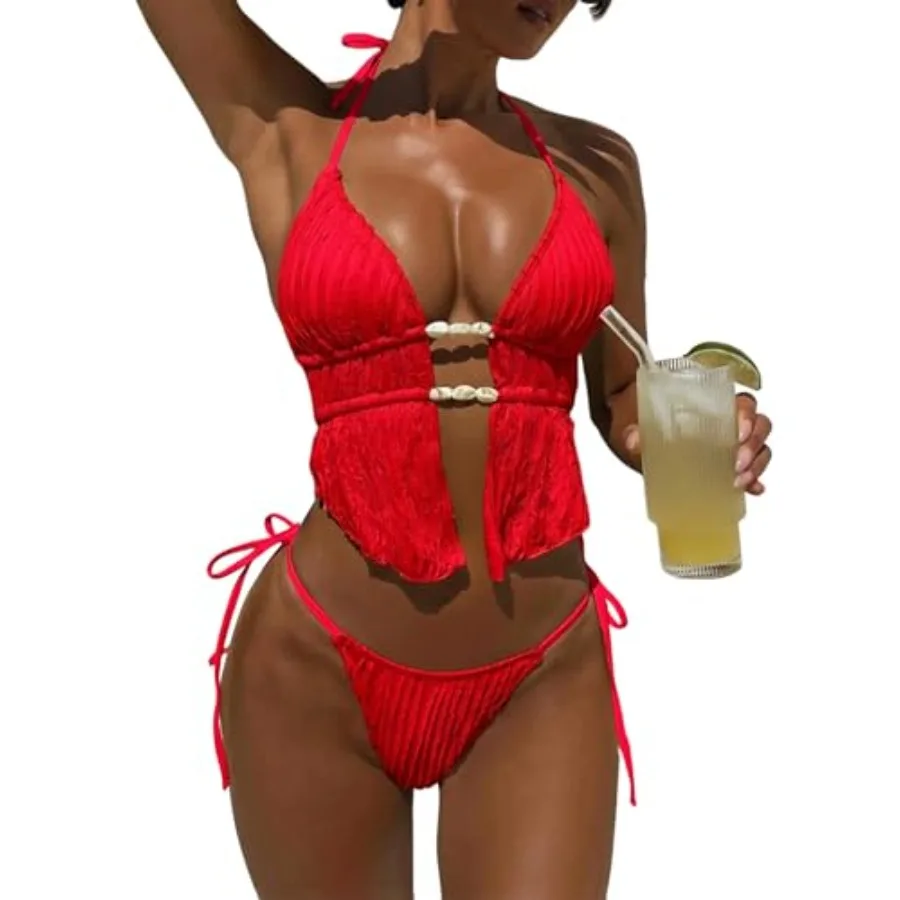 ZAFUL Halter Swimsuits for Women Textured Backless 2 Pcs Bathing Suits Cheeky High Cut String Tie Side Bikini Sets
ZAFUL Halter Swimsuits for Women Textured Backless 2 Pcs Bathing Suits Cheeky High Cut String Tie Side Bikini Sets