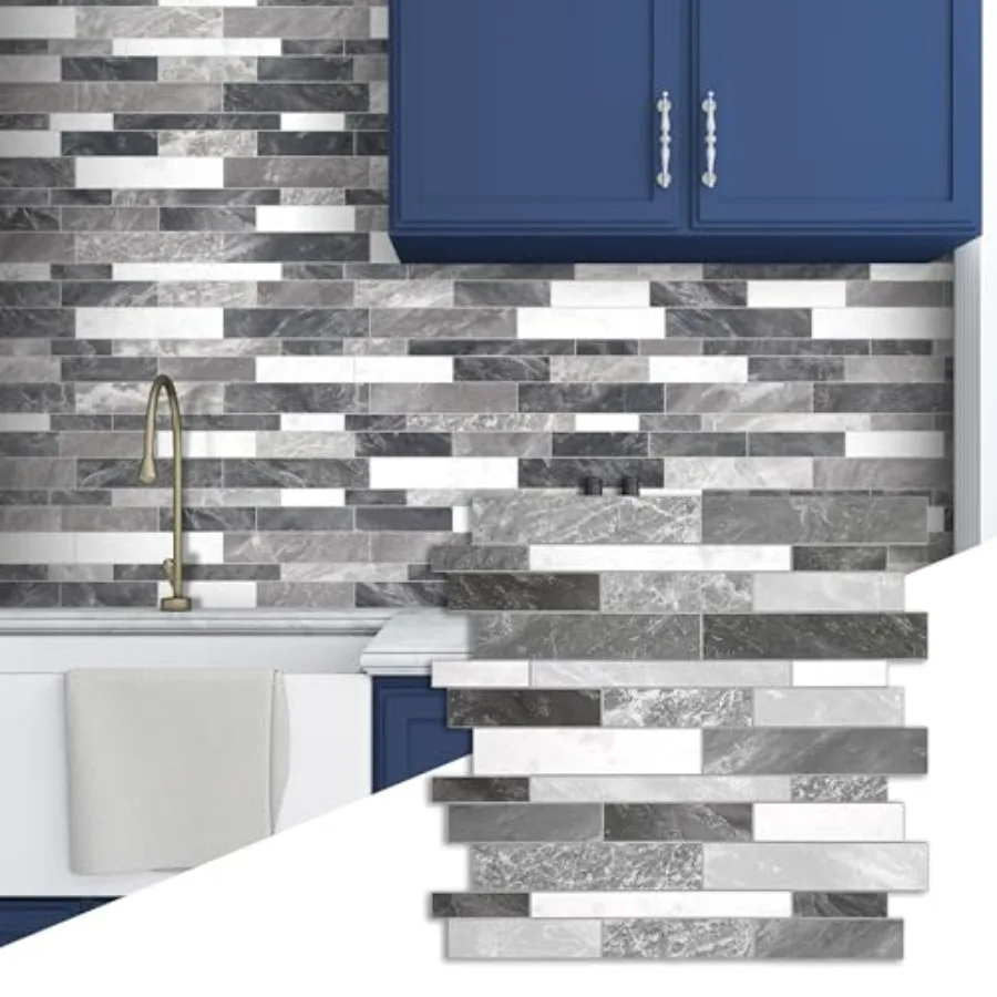 Kitchen, bathroom, fireplace backsplash: grey-white mixed stone composite peel-and-stick tiles, 11.1 x 11.3, embellished stripe
Kitchen, bathroom, fireplace backsplash: grey-white mixed stone composite peel-and-stick tiles, 11.1 x 11.3, embellished stripe