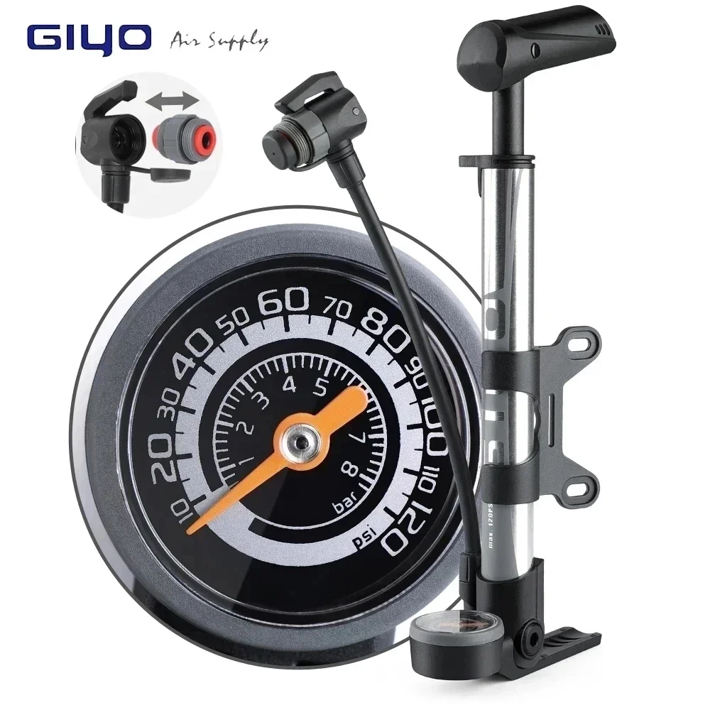 Giyo-Bicycle Floor Standing Pump, Presta Schrader, Dual Valve Conversion, MTB, Road Bike, Mini Portable Tire Inflator, 120psi
Giyo-Bicycle Floor Standing Pump, Presta Schrader, Dual Valve Conversion, MTB, Road Bike, Mini Portable Tire Inflator, 120psi