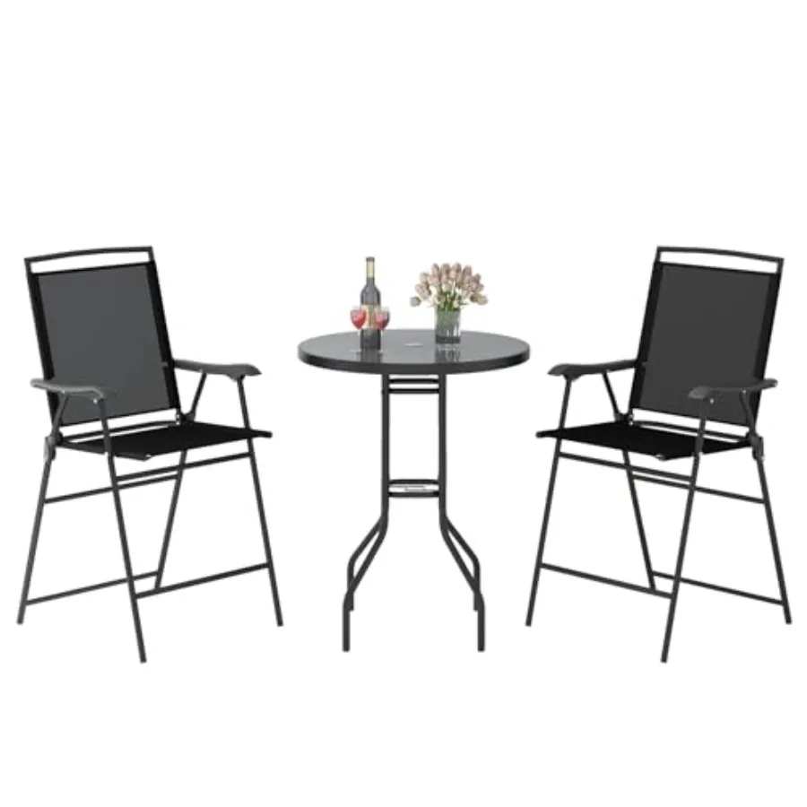 Outdoor bar set for poolside backyard porch: black metal frame with DPC tabletop and umbrella hole includes 2 folding chairs co
Outdoor bar set for poolside backyard porch: black metal frame with DPC tabletop and umbrella hole includes 2 folding chairs co