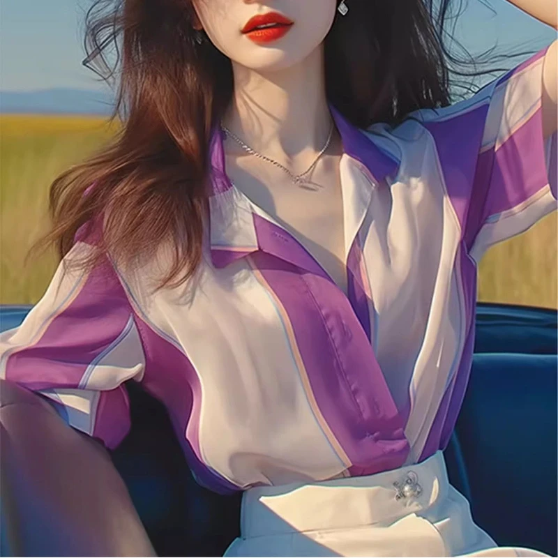 Purple Short Sleeve Chiffon Elegant Blouse Polo Neck Contrast Striped Fashion Shirt Top Korean Temperament Women Clothing Summer
Purple Short Sleeve Chiffon Elegant Blouse Polo Neck Contrast Striped Fashion Shirt Top Korean Temperament Women Clothing Summer