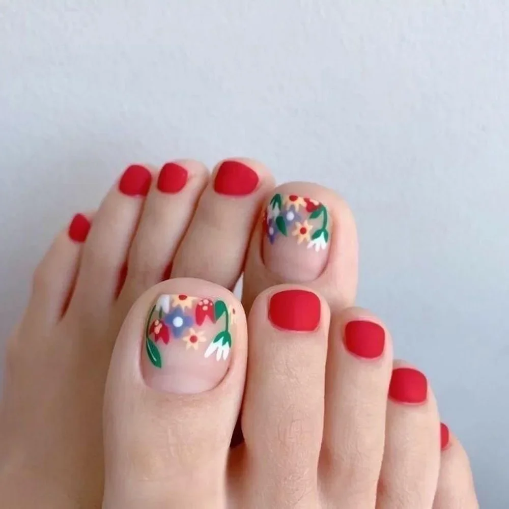 24pcs Summer Red Press on Toenails Cartoon Flowers Fake Nail Tips for Foot Women Wearable European Square False Toe nails
24pcs Summer Red Press on Toenails Cartoon Flowers Fake Nail Tips for Foot Women Wearable European Square False Toe nails