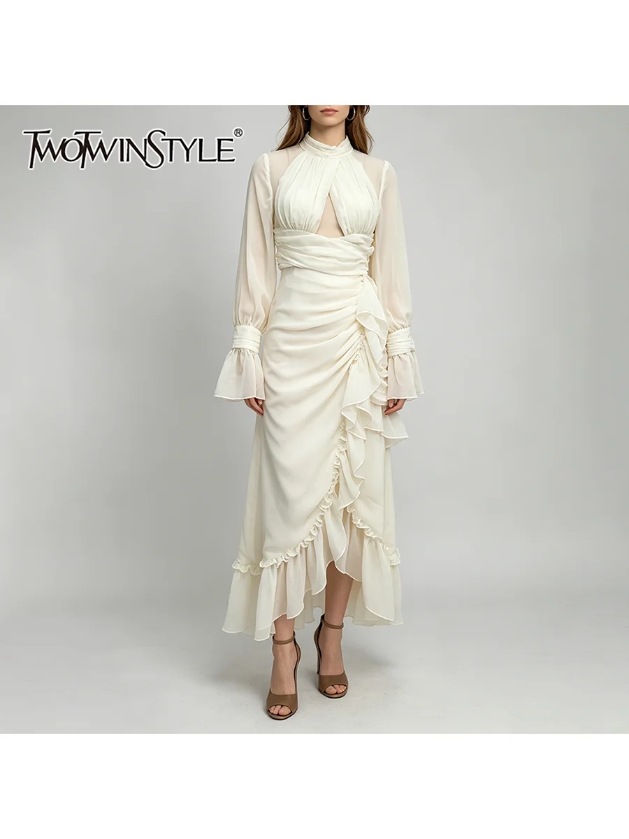 TWOTWINSTYLE Hollow Out Irregular Dresses for Women O Neck Long Sleeve High Waist Spliced Folds A Line Dress Female Fashion 2026
TWOTWINSTYLE Hollow Out Irregular Dresses for Women O Neck Long Sleeve High Waist Spliced Folds A Line Dress Female Fashion 2026
