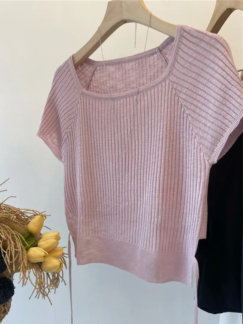 Purple Square Collar Lace-up Waist Hugging Ice Silk Knitting Short Sleeve T-shirt Women Summer 2025 New Small Flng Sleeve
Purple Square Collar Lace-up Waist Hugging Ice Silk Knitting Short Sleeve T-shirt Women Summer 2025 New Small Flng Sleeve