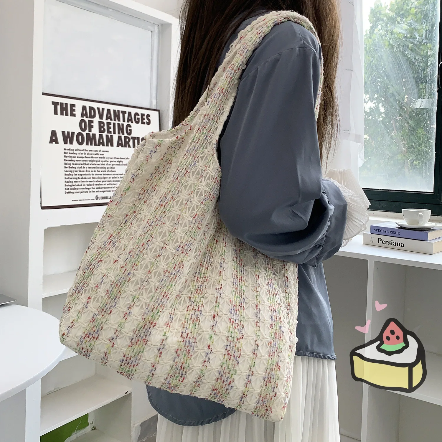 Neon Color Knitted Canvas Tote Bag for Women, Large Capacity Casual Shoulder Bag Fashion Commute School Bag for College Students Neon Color Knitted Canvas Tote Bag for Women, Large Capacity Casual Shoulder Bag Fashion Commute School Bag for College Students