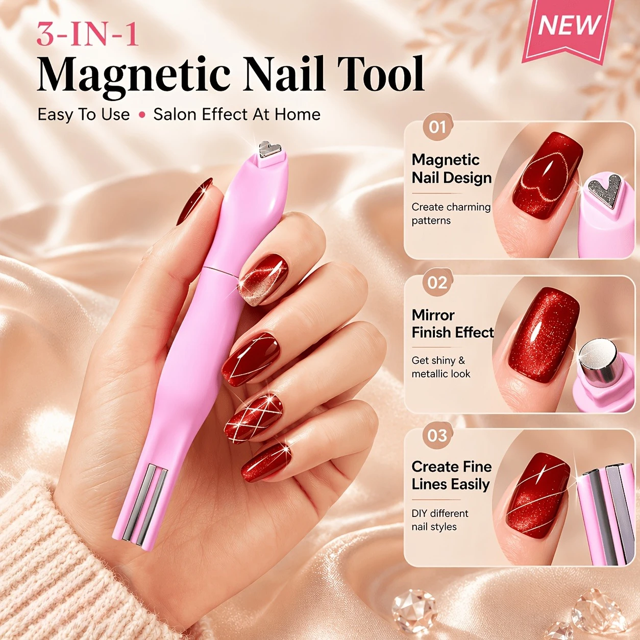 3-in-1 Cat's Eye Magnetic Core Moon-Shaped Pink Durable Plastic Magnetic Nail Art Tool with a Metallic Finish
3-in-1 Cat's Eye Magnetic Core Moon-Shaped Pink Durable Plastic Magnetic Nail Art Tool with a Metallic Finish