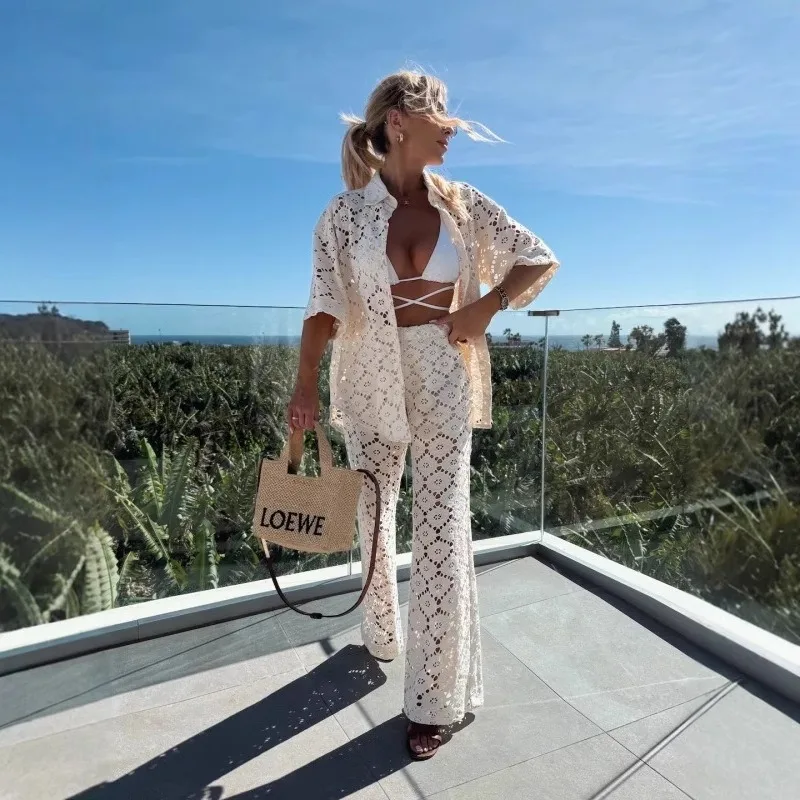 2025 Summer Holiday Hollow Out Lace 2 Piece Set Women Lapel Single Breasted Long Sleeve Shirt Cardigan + Wide Leg Pants Suits
2025 Summer Holiday Hollow Out Lace 2 Piece Set Women Lapel Single Breasted Long Sleeve Shirt Cardigan + Wide Leg Pants Suits